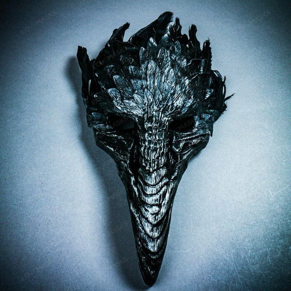 Black Bird Curved Nose Feather Plague Doctor Mask - Picture 2 of 9